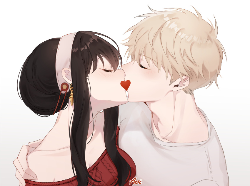 1boy aoirnn artist_name bare_shoulders black_hair blonde_hair blush censored closed_eyes collarbone commentary couple earrings english_commentary female hairband hand_on_another's_shoulder heart heart_censor highres jewelry kissing off_shoulder red_sweater shirt sidelocks simple_background spy_x_family straight sweater twilight_(spy_x_family) white_background white_shirt yor_briar