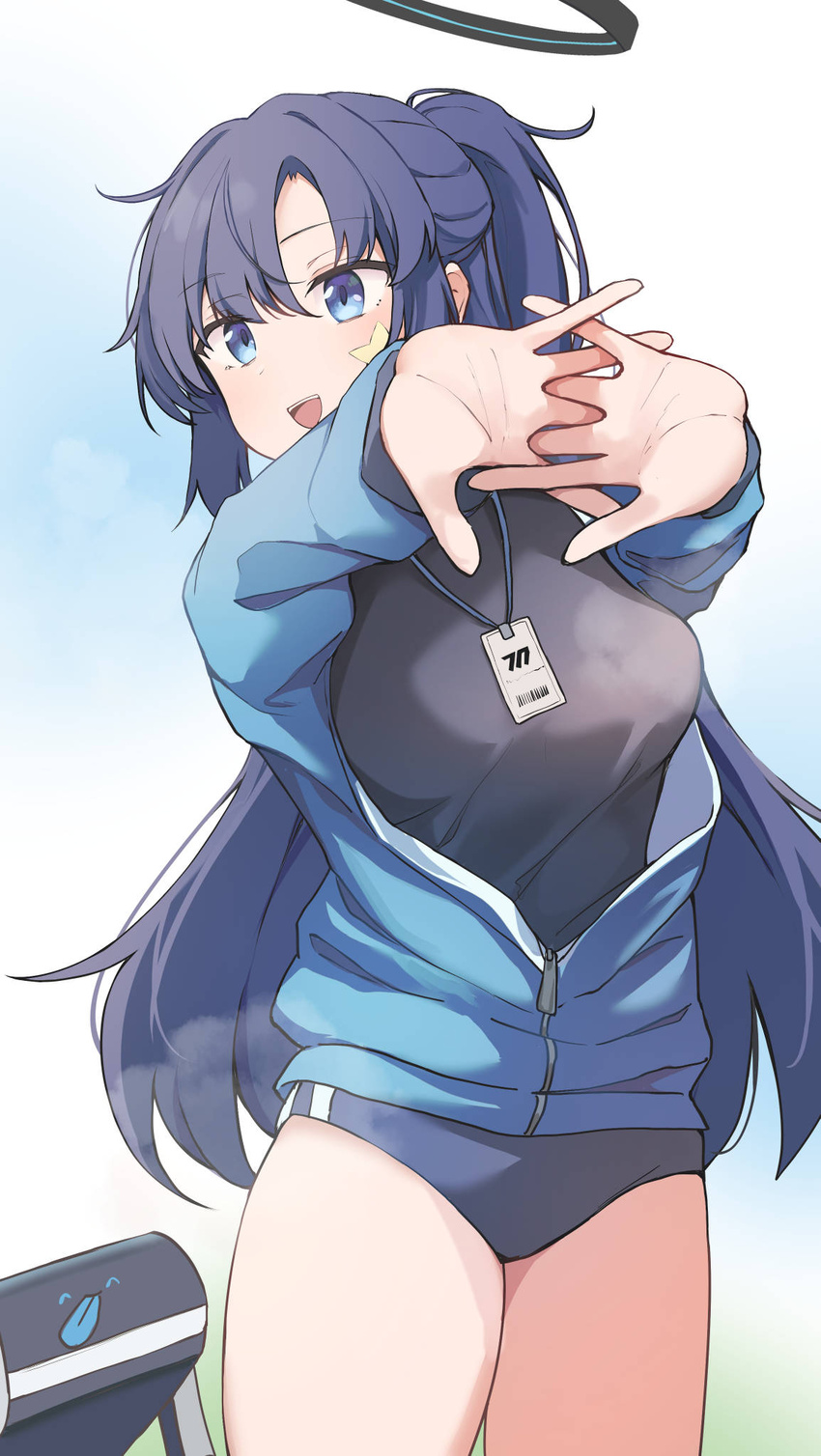 black_buruma black_shirt blue_archive blue_eyes blue_jacket blush breasts buruma facial_mark female halo highres id_card jacket kiyakyuu lanyard large_breasts long_hair long_sleeves mechanical_halo official_alternate_costume open_mouth partially_unzipped ponytail purple_hair shirt smile solo star_(symbol) stretching track_jacket yuuka_(blue_archive) yuuka_(track)_(blue_archive)