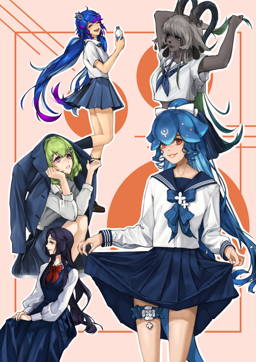 5girls ^_^ absurdres alternate_costume asahina_chie bao_(vtuber) black_footwear black_hair blue_bow blue_hair blue_jacket blue_skirt borrowed_character bow breasts closed_eyes clothes_lift commentary dark-skinned_female dark_skin english_commentary gradient_hair green_hair grey_hair hairbow head_tilt highres holding holding_own_hair horns ichika_maia indie_virtual_youtuber jacket long_hair low_twintails medium_breasts multicolored_hair multiple_girls original osakana_nemu parted_lips peej ponytail purple_eyes purple_hair red_eyes school_uniform serafuku short_hair sitting skirt skirt_lift smile thigh_strap twintails very_long_hair virtual_youtuber white_bow