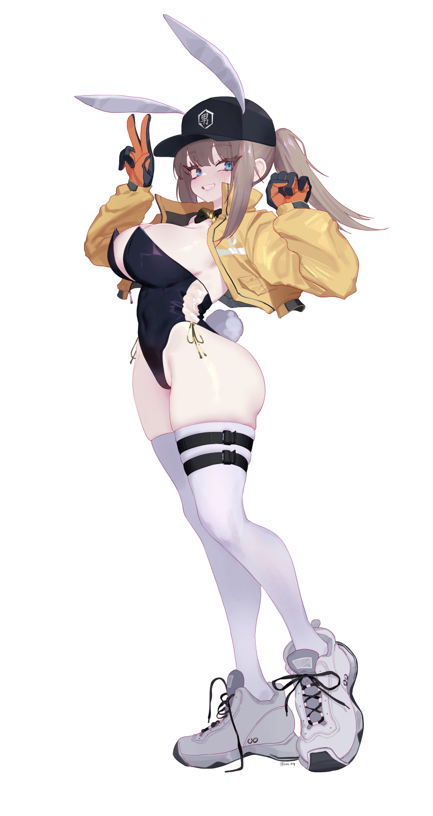 absurdres animal_ears baseball_cap black_hat black_leotard breasts brown_hair cropped_jacket dima_(girls'_frontline) eonsang fake_animal_ears fake_tail female full_body girls'_frontline gloves hat high_ponytail highres jacket large_breasts leotard long_hair long_sleeves playboy_bunny rabbit_ears rabbit_tail shoes simple_background sneakers solo standing tail thighhighs v white_background white_footwear white_thighhighs yellow_jacket