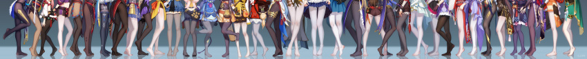 1boy 6+girls absurdres aloy_(horizon) amber_(genshin_impact) backpack bag barbara_(genshin_impact) beidou_(genshin_impact) black_gloves black_pantyhose black_thighhighs blue_dress blue_shorts brown_gloves brown_shorts cape clothes_lift crossed_legs diona_(genshin_impact) dodoco_(genshin_impact) dress dress_lift eula_(genshin_impact) facing_another facing_away facing_to_the_side facing_viewer feet fingerless_gloves fischl_(genshin_impact) ganyu_(genshin_impact) garter_straps genshin_impact gloves green_cape grey_legwear hand_on_another's_hip highres holding_another's_arm holding_hands hong_bai horizon_(video_game) horizon_zero_dawn hu_tao_(genshin_impact) incredibly_absurdres jacket jean_(genshin_impact) kamisato_ayaka keqing_(genshin_impact) klee_(genshin_impact) kujou_sara kuki_shinobu legs lifting_own_clothes lisa_(genshin_impact) lower_body lumine_(genshin_impact) miniskirt mona_(genshin_impact) multiple_girls ningguang_(genshin_impact) no_shoes noelle_(genshin_impact) pantyhose paw_print pink_shirt pleated_skirt pouch purple_dress qiqi_(genshin_impact) raiden_shogun red_gloves red_jacket rosaria_(genshin_impact) sangonomiya_kokomi shenhe_(genshin_impact) shirt shorts simple_background skirt soles sucrose_(genshin_impact) take_your_pick tassel thighhighs tiptoes venti_(genshin_impact) white_dress white_gloves white_pantyhose white_shirt wide_image xiangling_(genshin_impact) xinyan_(genshin_impact) yae_miko yanfei_(genshin_impact) yaoyao_(genshin_impact) yelan_(genshin_impact) yoimiya_(genshin_impact) yun_jin_(genshin_impact)