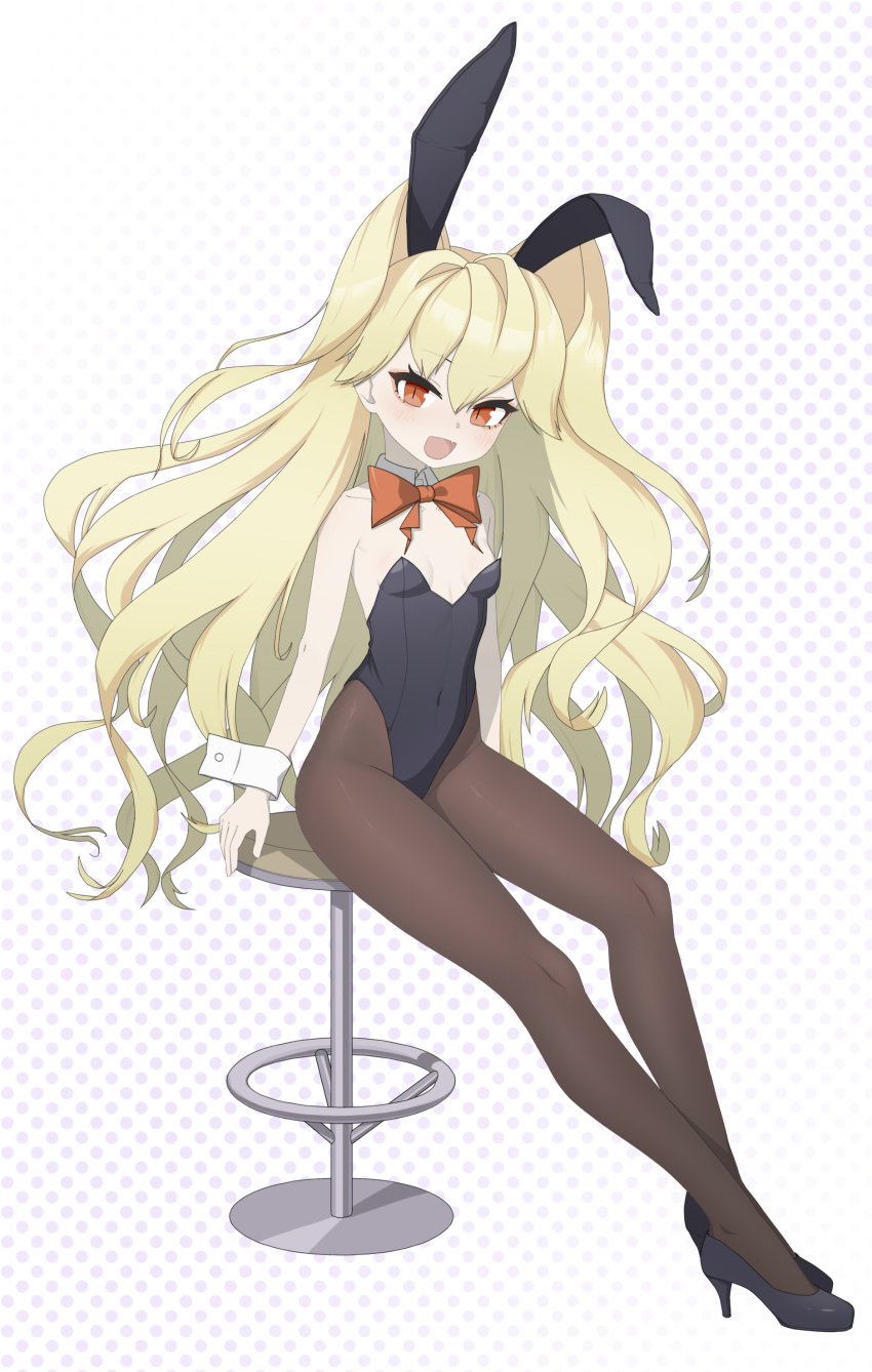 absurdres animal_ears black_footwear black_leotard black_pantyhose blonde_hair bow bowtie breasts catalina_(clover_theater) clover_theater detached_collar female high_heels highres leotard long_hair pantyhose playboy_bunny polka_dot polka_dot_background rabbit_ears red_eyes sitting small_breasts solo stool strapless strapless_leotard two_side_up white_background wrist_cuffs zhuan_a_zhuan