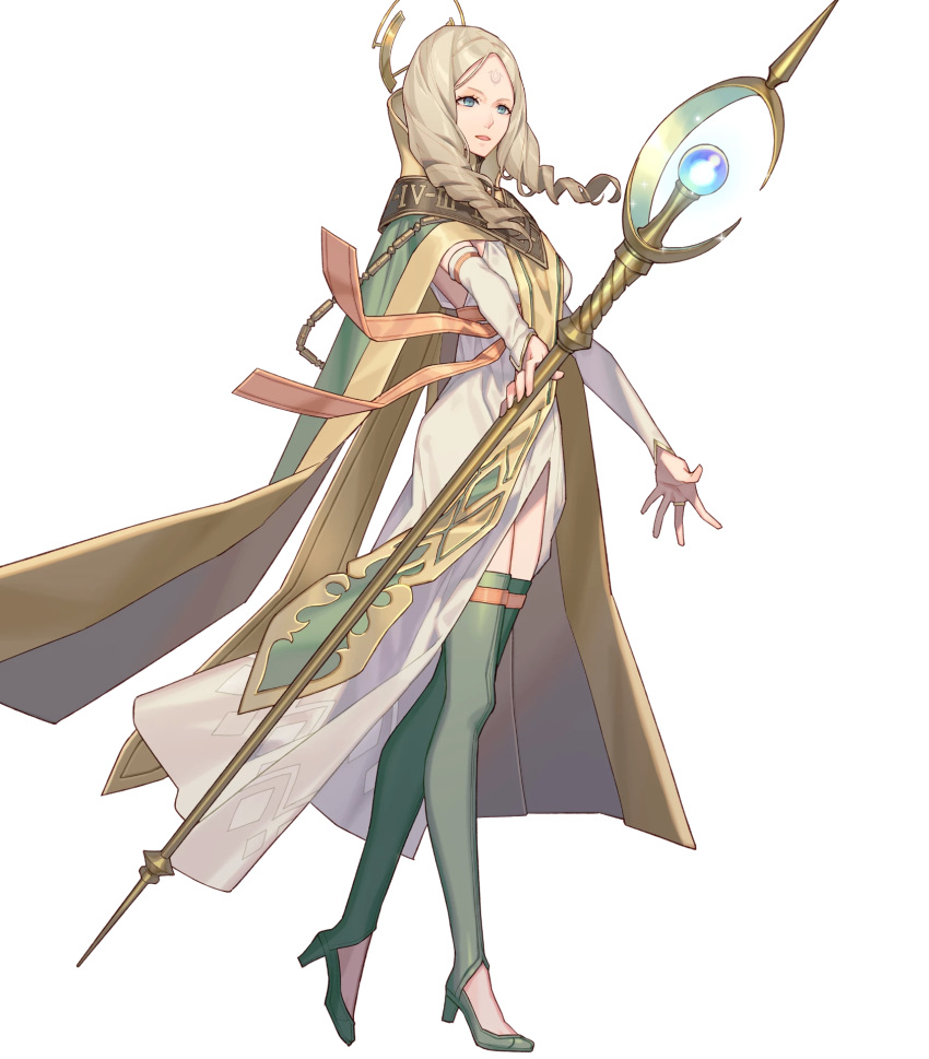 blonde_hair blue_eyes boots brand_of_the_exalt breasts bridal_gauntlets cape dress drill_hair emmeryn_(fire_emblem) facial_mark female fire_emblem fire_emblem_awakening fire_emblem_heroes forehead_mark full_body glowing green_footwear hair_ornament high_heel_boots high_heels highres holding long_dress long_hair looking_away medium_breasts non-web_source official_art open_mouth parted_bangs solo sparkle staff thigh_boots thighhighs transparent_background zaza_(x-can01)