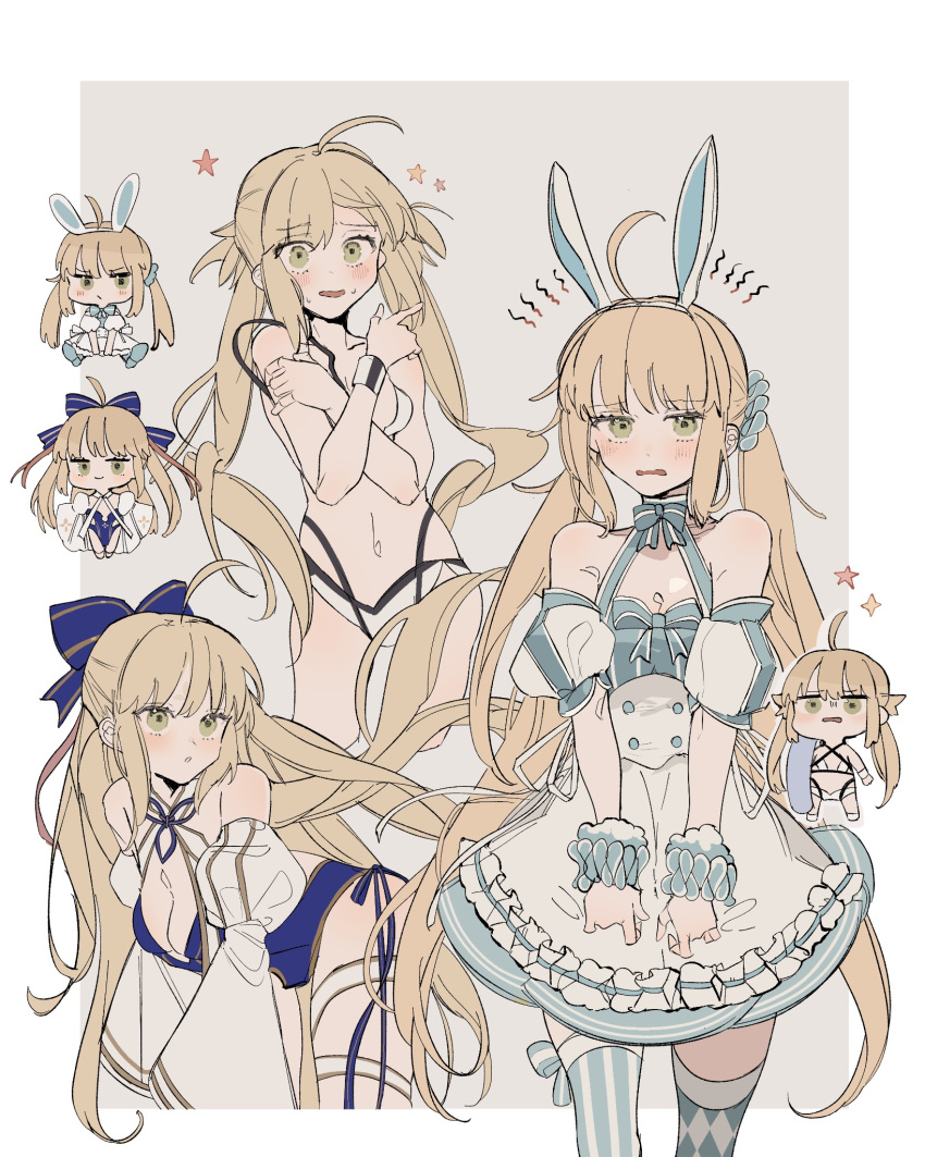 ahoge animal_ears apron artoria_caster_(fate) artoria_caster_(swimsuit)_(fate) artoria_caster_(swimsuit)_(first_ascension)_(fate) artoria_caster_(swimsuit)_(second_ascension)_(fate) artoria_caster_(swimsuit)_(third_ascension)_(fate) artoria_pendragon_(fate) asymmetrical_legwear bare_shoulders bikini blonde_hair blue_bow blue_dress blue_one-piece_swimsuit blue_ribbon blue_thighhighs blush bow bow_legwear breasts casual_one-piece_swimsuit checkered_thighhighs chibi cleavage criss-cross_halter cropped_legs detached_sleeves dress dress_bow fake_animal_ears fate/grand_order fate_(series) female frilled_apron frills frown green_eyes hairband hairbow halterneck highres long_hair long_sleeves looking_at_viewer mismatched_legwear multiple_views navel note_nii official_alternate_costume one-piece_swimsuit open_mouth puffy_short_sleeves puffy_sleeves rabbit_ears ribbon scrunchie short_sleeves simple_background small_breasts star_(symbol) stomach striped_clothes striped_thighhighs swimsuit thighhighs twintails two-tone_thighhighs vertical-striped_clothes vertical-striped_thighhighs very_long_hair waist_apron white_bikini white_thighhighs wrist_scrunchie wristband x_arms