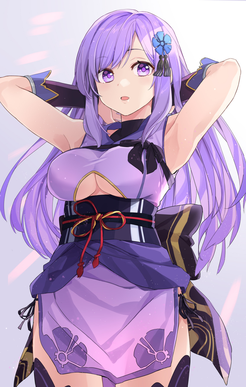 armpits arms_behind_head asano_ruri asano_sisters_project black_sash bow breasts clothing_cutout commentary_request cowboy_shot female flower gloves gradient_background hair_flower hair_ornament highres japanese_clothes kimono large_breasts long_hair obi obijime open_mouth panties pelvic_curtain purple_eyes purple_hair purple_kimono sash short_kimono side-tie_panties side-tie_peek sleeveless sleeveless_kimono solo toromera turtleneck underboob underboob_cutout underwear virtual_youtuber waist_bow white_background