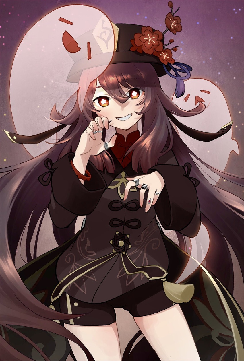 black_shorts boo_tao_(genshin_impact) brown_hair chinese_clothes collared_coat colored_tips commentary_request female flower flower-shaped_pupils genshin_impact ghost ghost_pose grin hat hat_flower highres hu_tao_(genshin_impact) jewelry kalua long_hair multicolored_hair multiple_rings plum_blossoms porkpie_hat red_eyes ring shorts smile solo symbol-shaped_pupils twintails