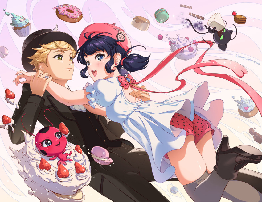 1boy adrien_agreste animal_ears black_footwear black_hair black_headwear black_jacketl black_legwear black_pants black_sweater_vest blonde_hair blue_eyes blush bug cake cupcake doughnut feline female food fruit gem insects kimopoleis ladybug looking_at_another marinette_dupain-cheng miraculous_ladybug open_mouth pants pik_bow pink_headwear pink_shorts puffy_short_sleeves puffy_sleeves shoes short_hair short_shorts short_sleeves shorts smile strawberry sweater_vest thighhighs twintails upper_teeth watermark web_address whtie_dress wolf_ears