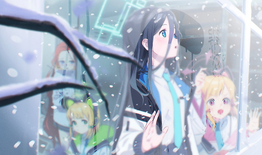 4girls animal_ear_headphones animal_ears aqua_necktie aris_(blue_archive) black_hair blonde_hair blue_archive blue_eyes blurry blurry_foreground blush cat_ear_headphones closed_mouth condensation fake_animal_ears from_outside game_development_department_(blue_archive) glass_writing green_eyes hair_between_eyes halo headphones highres hood hood_down hooded_jacket jacket kidou_senshi_nama_ino korean_commentary long_hair long_hair_between_eyes long_sleeves midori_(blue_archive) momoi_(blue_archive) multiple_girls necktie open_mouth parted_lips pink_eyes red_hair shirt short_hair siblings sisters snow snowing twins very_long_hair white_shirt window window_fog yuzu_(blue_archive)