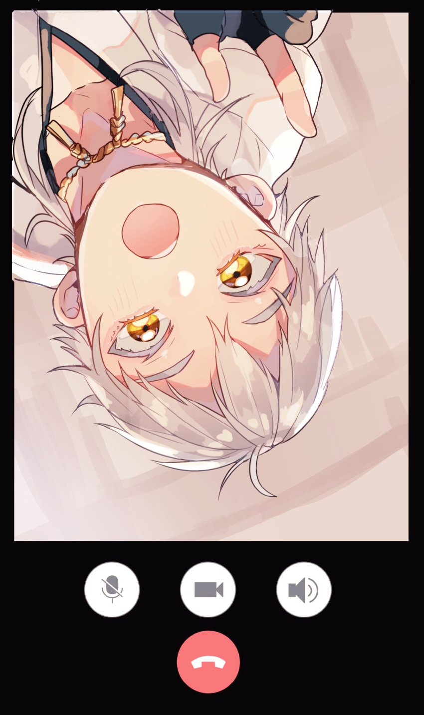 1boy :o black_gloves chiro_(chi-bu-ko) fake_phone_screenshot fake_screenshot gloves highres index_finger_raised japanese_clothes male_focus partially_fingerless_gloves touken_ranbu tsurumaru_kuninaga upper_body upside-down video_call white_hair yellow_eyes