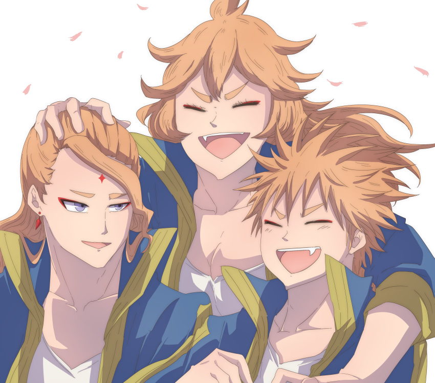 2boys :d absurdres black_clover blue_shirt breasts brother_and_sister brothers cleavage closed_eyes collarbone facial_mark female forehead_mark fuegoleon_vermillion highres jinguu_(timaya) laughing leopold_vermillion mereoleona_vermillion messy_hair multiple_boys oerba_yun_fang open_mouth orange_hair petals purple_eyes shirt siblings smile spiked_hair white_background