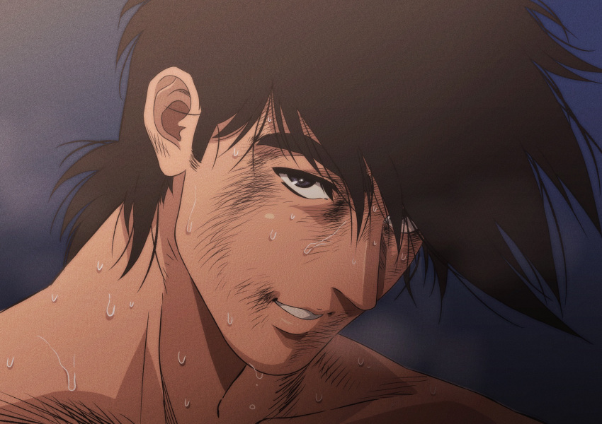 1boy ashita_no_joe black_eyes black_hair blue_background breath clenched_teeth commentary_request dirty dirty_face facial_hair hair_over_one_eye highres male_focus medium_sideburns portrait short_hair sideburns sideburns_stubble simple_background solo stubble sweat teeth topless_male very_sweaty yabuki_jou yuu_(masarunomori)