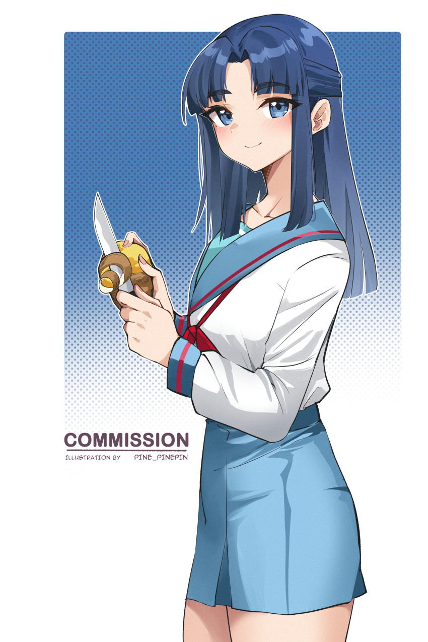 absurdres artist_name asakura_ryouko blue_eyes blue_hair blue_sailor_collar blue_skirt blunt_bangs blunt_ends blush collarbone commentary commission cowboy_shot female food gradient_background highres holding holding_food holding_knife kita_high_school_uniform knife long_hair long_sleeves looking_at_viewer miniskirt nagato_yuki-chan_no_shoushitsu neckerchief peeling pinepin potato red_neckerchief sailor_collar school_uniform serafuku shirt skirt smile solo standing suzumiya_haruhi_no_shoushitsu suzumiya_haruhi_no_yuuutsu symbol-only_commentary thick_eyebrows white_shirt winter_uniform