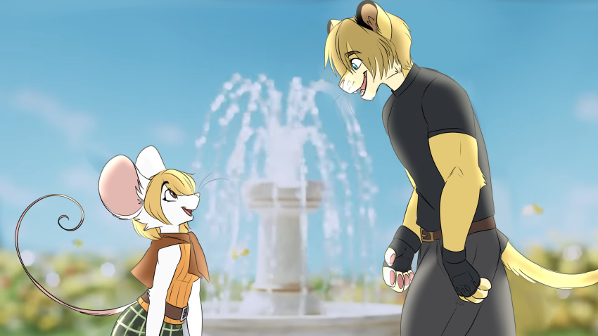 16:9 2023 4k absurd_res alternate_species anthro ashley_graham_(resident_evil) beastars blonde_hair capcom day detailed_background duo eye_contact felid female fizzy-dog fountain fur furrification hair hi_res leon_kennedy lion looking_at_another male mammal mouse moushley murid murine outside pantherine parody resident_evil rodent smile tan_body tan_fur water white_body white_fur widescreen