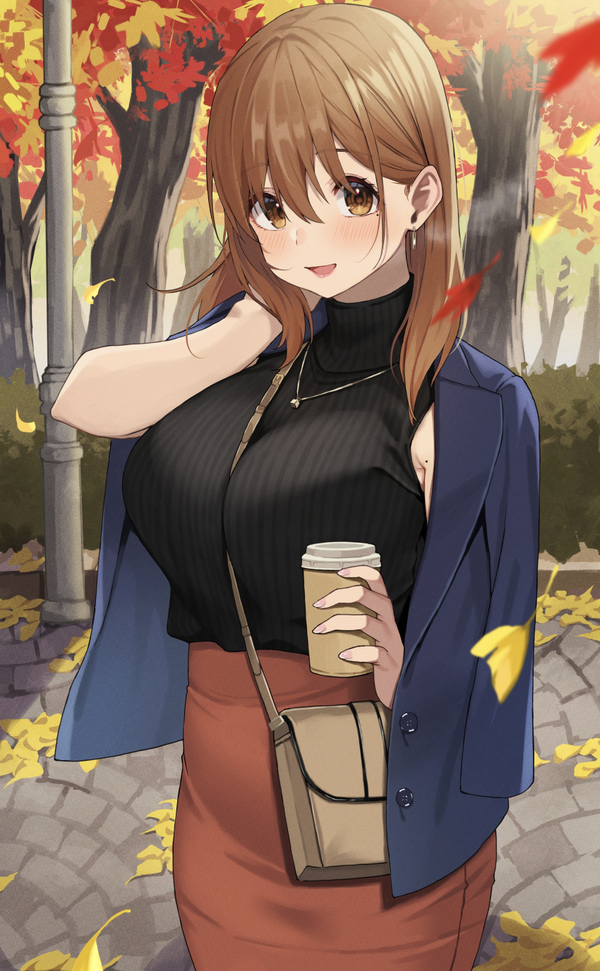 :d absurdres autumn autumn_leaves between_breasts black_sweater blue_jacket breasts brown_eyes brown_hair cowboy_shot cup day disposable_coffee_cup disposable_cup earrings falling_leaves female hair_between_eyes hand_up high-waist_skirt highres holding holding_cup jacket jacket_on_shoulders jewelry large_breasts leaf long_hair looking_at_viewer mole mole_on_armpit mole_under_eye necklace ol-chan_(udon) open_clothes open_jacket open_mouth original outdoors park red_skirt skirt smile solo strap_between_breasts sweater tree udon_(udonalium)