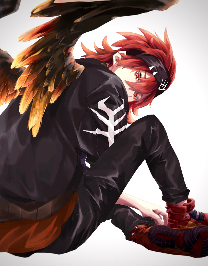 1boy absurdres black_headband black_jacket black_pants feathered_wings garuda_(extraordinary_ones) hair_between_eyes headband highres hijinrui_gakuen jacket kuromame_grimm looking_at_viewer looking_back male_focus pants red_eyes red_footwear red_hair shoes simple_background sitting sneakers solo wings