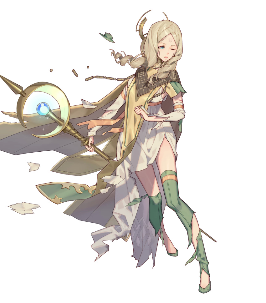 blonde_hair boots brand_of_the_exalt breasts cape dress drill_hair emmeryn_(fire_emblem) facial_mark female fire_emblem fire_emblem_awakening fire_emblem_heroes forehead_mark full_body glowing green_footwear hair_ornament highres holding long_dress long_hair looking_away medium_breasts non-web_source official_art one_eye_closed open_mouth parted_bangs shiny_skin solo sparkle staff thigh_boots thighhighs torn_clothes torn_dress transparent_background zaza_(x-can01)