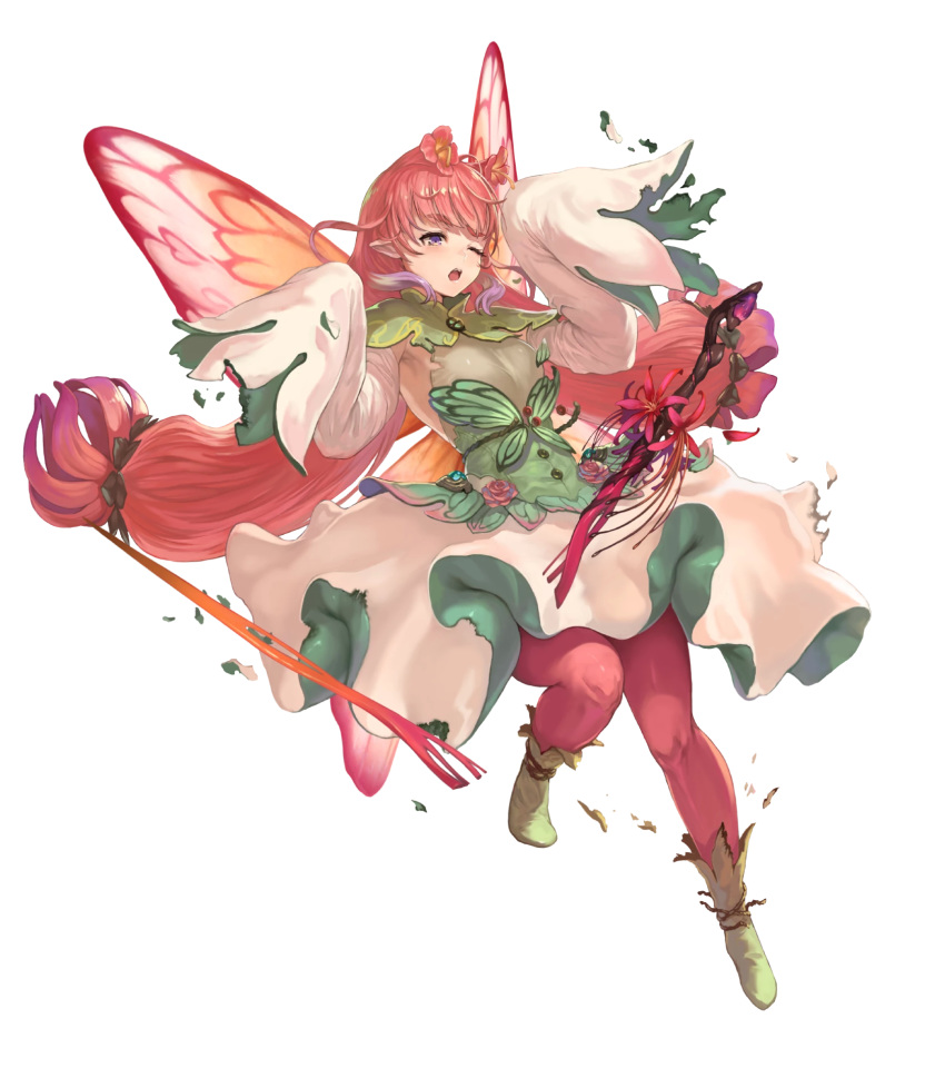 blush boots breasts broken broken_weapon brown_footwear buttons detached_sleeves dress fairy fairy_wings female fire_emblem fire_emblem_heroes flower full_body gradient_hair highres leg_up long_hair long_sleeves looking_at_viewer mirabilis_(fire_emblem) multicolored_hair non-web_source official_art one_eye_closed open_mouth pantyhose parted_lips pink_hair pink_pantyhose pointy_ears purple_eyes purple_hair shiny_clothes sleeves_past_wrists small_breasts smile solo sword transparent_background twintails weapon wide_sleeves wings yoshiku_(oden-usagi)