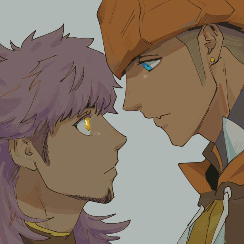 2boys blue_eyes champion_uniform closed_mouth dark-skinned_male dark_skin earrings eyelashes face-to-face facial_hair from_side grey_background highres jar_pikapika jewelry leon_(pokemon) long_hair male_focus multiple_boys orange_headwear pokemon pokemon_swsh purple_hair raihan_(pokemon) shirt undercut yellow_eyes