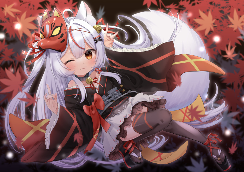 6l36 :3 ;3 animal_ears autumn_leaves bare_shoulders belt double_fox_shadow_puppet fang_out female fox_ears fox_girl fox_mask fox_shadow_puppet fox_tail frilled_skirt frilled_sleeves frills full_body highres indie_virtual_youtuber japanese_clothes kamiko_kana kimono leaf long_hair long_sleeves maple_leaf mask multicolored_hair oerba_yun_fang one_eye_closed orange_eyes petite red_hair sandals skirt smile streaked_hair tail thighhighs very_long_hair virtual_youtuber white_hair zettai_ryouiki