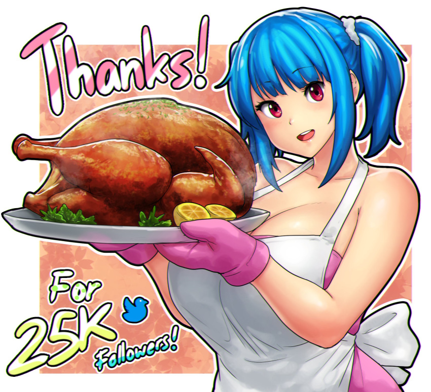 apron bare_shoulders breasts dress erkaz female food fruit gloves hands_up highres huge_breasts lemon milestone_celebration open_mouth original outline pink_dress pink_gloves plate red_eyes rina_atherina smile solo strapless strapless_dress turkey_(food) twintails upper_body white_apron white_outline