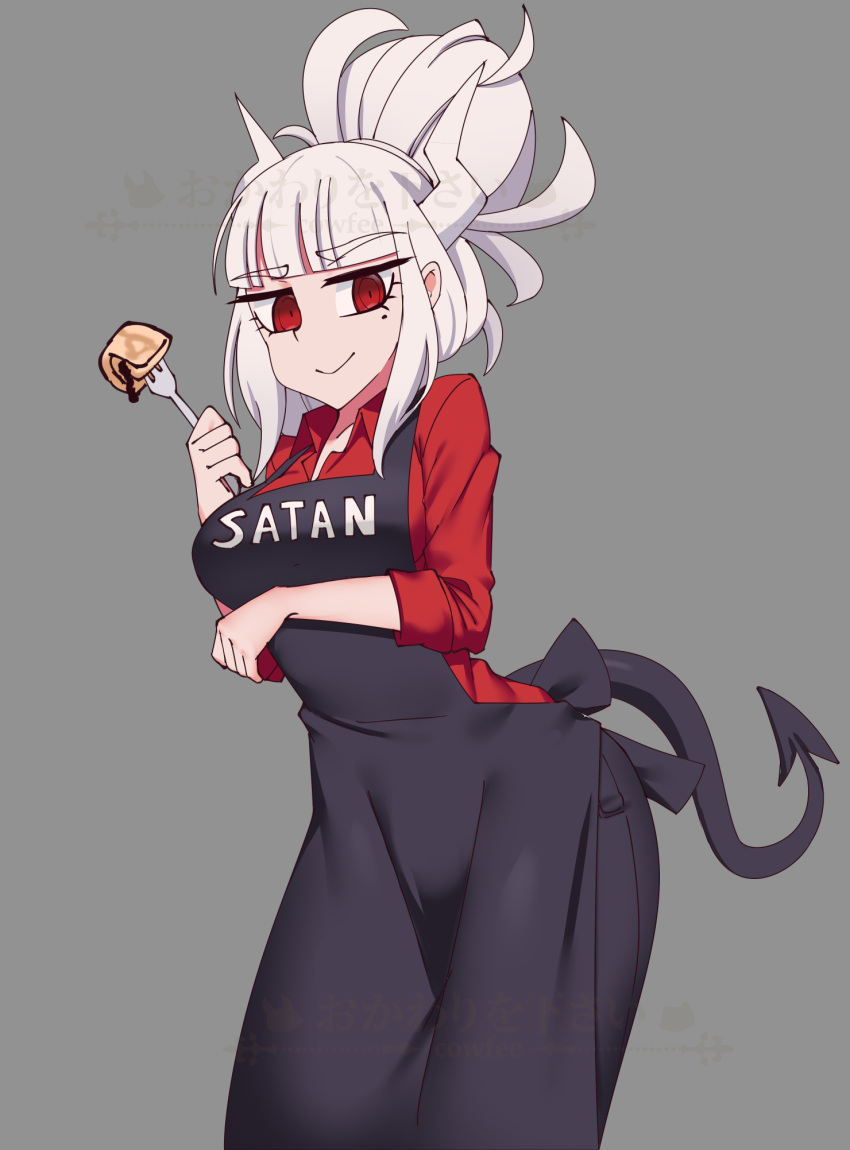 apron arm_under_breasts artist_logo black_apron blunt_bangs clothes_writing commentary cowfee demon_girl demon_tail english_commentary female fork grey_background hair_up helltaker highres horns looking_at_viewer lucifer_(helltaker) mole mole_under_eye ponytail red_eyes red_shirt shirt simple_background smile solo tail watermark white_hair white_horns wing_collar