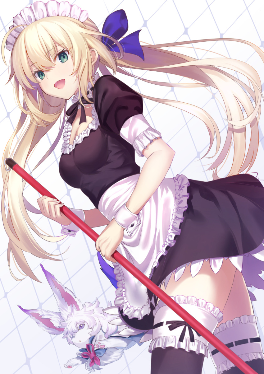 :d ahoge alternate_costume alternate_hairstyle apron aqua_eyes artoria_caster_(fate) artoria_pendragon_(fate) black_dress blonde_hair breasts broom dress enmaided fate/grand_order fate_(series) female fou_(fate) frilled_thighhighs frills highres holding holding_broom long_hair maid maid_apron maid_headdress neko_daruma open_mouth short_sleeves small_breasts smile solo thighhighs twintails very_long_hair wrist_cuffs zettai_ryouiki