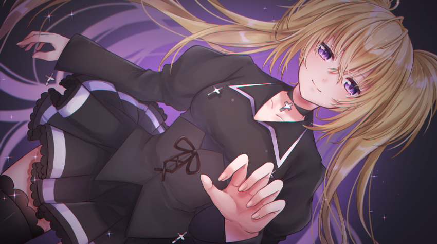 black_choker black_corset black_jacket black_skirt black_thighhighs blonde_hair choker closed_mouth corset cross cross_choker female grey_background highres hoshina_utau jacket long_hair long_sleeves looking_at_viewer multicolored_background nei_(aduma1120ponpon) purple_background purple_eyes shugo_chara! skirt smile solo thighhighs twintails