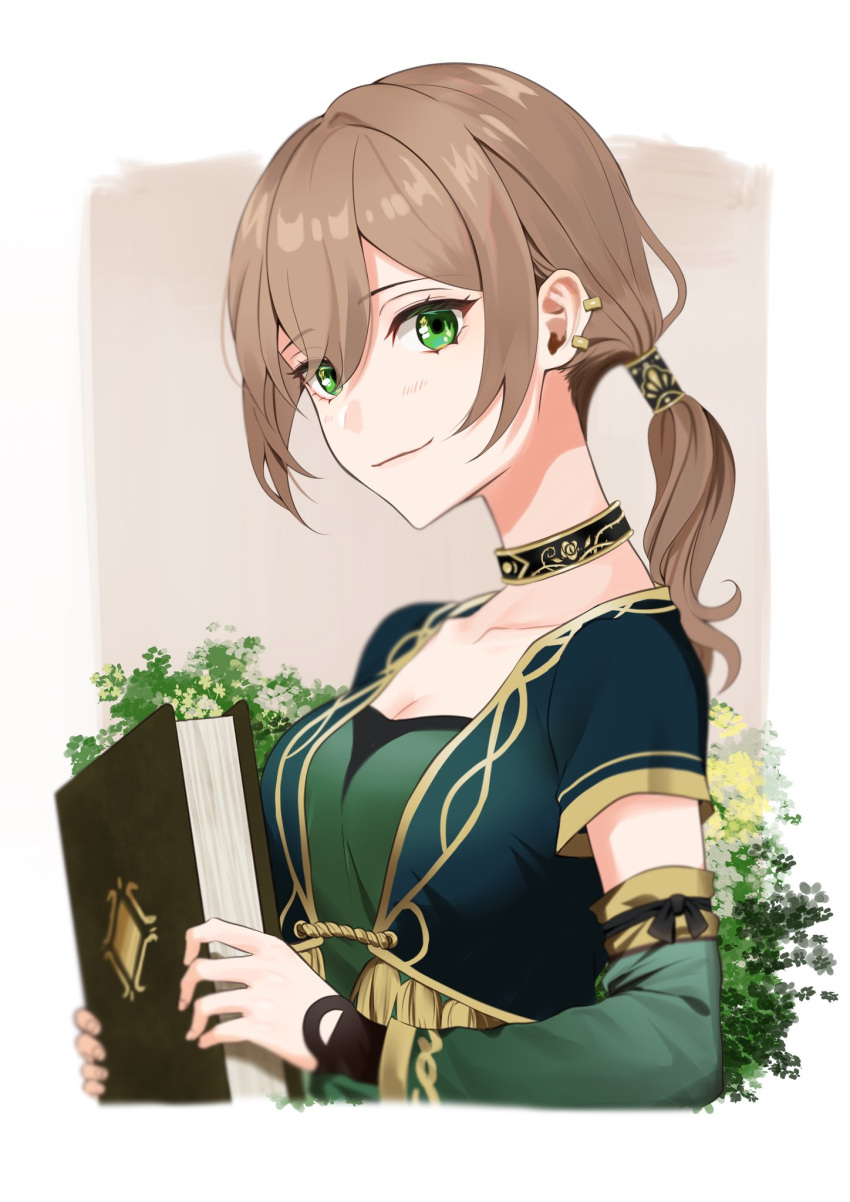 alternate_costume alternate_hairstyle arabian_clothes book brown_hair choker commentary_request earrings female genshin_impact green_eyes highres holding holding_book jewelry lisa_(genshin_impact) long_hair ponytail smile solo upper_body yamabuki0211