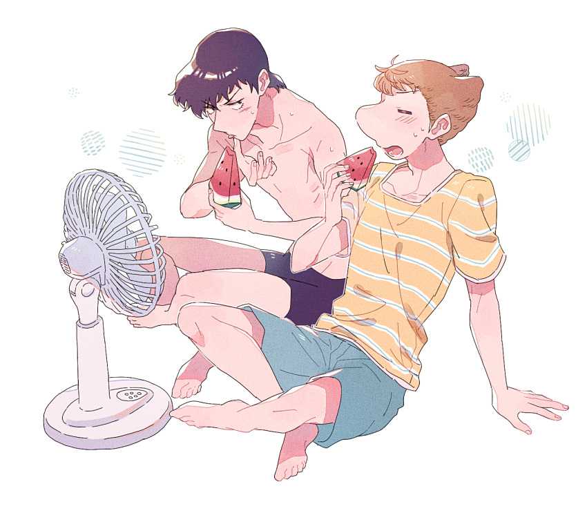 2boys :o arm_support atom:_the_beginning barefoot big_nose black_eyes black_hair black_male_swimwear blue_footwear blush brown_hair closed_eyes denim denim_shorts eating electric_fan food fruit highres iyo_(kurumiwarin) looking_at_another male_focus male_swimwear multiple_boys ochanomizu_hiroshi open_mouth shirt short_hair short_sleeves shorts simple_background sitting striped_clothes striped_shirt sweat tenma_umatarou topless_male watermelon watermelon_slice white_background yellow_shirt