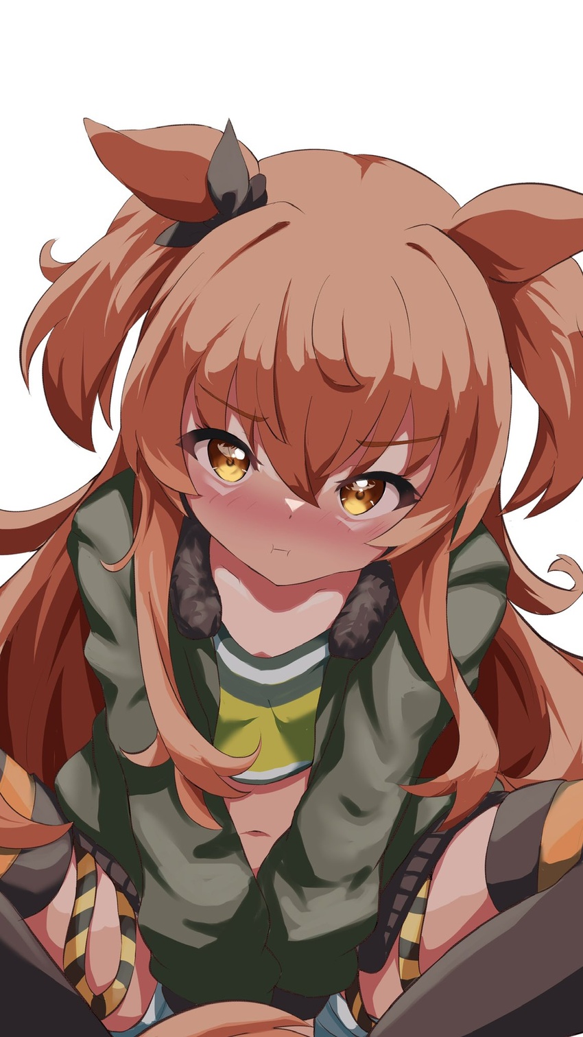 :i animal_ears arms_between_legs blush brown_thighhighs closed_mouth commentary_request crop_top ears_down female highres horse_ears horse_girl jacket long_hair long_sleeves looking_at_viewer mayano_top_gun_(umamusume) midriff navel nose_blush open_clothes open_jacket orange_hair pout sanami_(sanami_t_38) short_shorts shorts simple_background solo thighhighs two_side_up umamusume white_background white_shorts yellow_eyes yellow_jacket