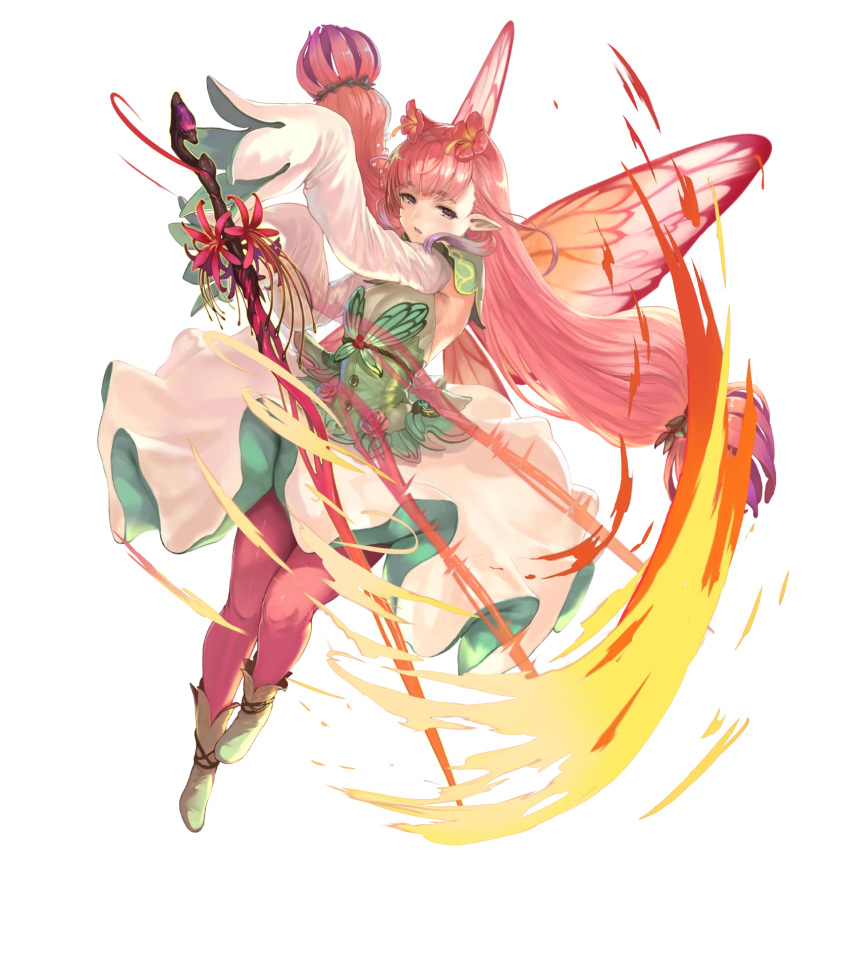 blush boots breasts brown_footwear buttons detached_sleeves dress fairy fairy_wings female fire_emblem fire_emblem_heroes flower full_body highres long_hair long_sleeves looking_at_viewer mirabilis_(fire_emblem) multicolored_hair non-web_source official_art pantyhose parted_lips pink_hair pink_pantyhose pointy_ears purple_eyes purple_hair shiny_clothes sleeves_past_wrists small_breasts smile solo sword transparent_background twintails weapon wide_sleeves wings yoshiku_(oden-usagi)