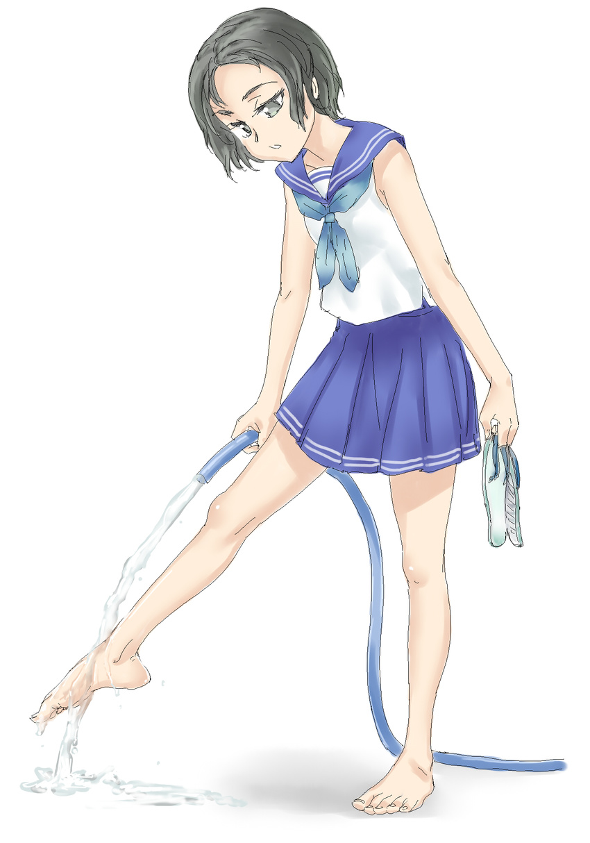 barefoot black_eyes black_hair blue_skirt feet female full_body holding_shoes hose legs looking_down original pleated_skirt school_uniform shoes_removed sleeveless solo souji_kurokawa toes water wet white_shirt