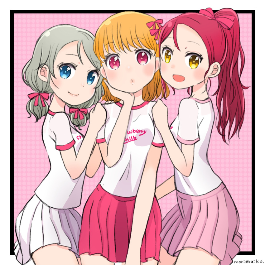 3girls :d aida_rikako artist_name black_border blue_eyes blush border clothes_writing commentary_request grey_hair hair_ribbon hand_on_another's_shoulder hand_on_own_chin highres inami_anju looking_at_viewer love_live! love_live!_sunshine!! low_twintails morimaiko multiple_girls open_mouth orange_hair photo-referenced pink_background pink_skirt pleated_skirt ponytail puckered_lips red_eyes red_hair red_ribbon red_skirt ribbon saitou_shuka sakurauchi_riko shirt short_hair short_sleeves short_twintails skirt smile takami_chika twintails voice_actor_connection watanabe_you white_shirt white_skirt yellow_eyes