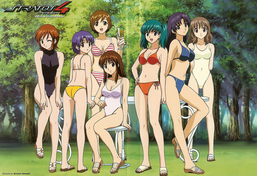 00s 6+girls ass bare_legs barefoot bikini breasts cleavage covered_navel doi_shizuha everyone female grass highres honjo_mikaze kikuhara_karin kisaragi_sayaka long_hair looking_at_viewer looking_back mikuriya_ran mukai_touko multiple_girls nakamura_ayamo navel one-piece_swimsuit one_eye_closed scan short_hair sitting smile standing stratos_4 swimsuit twintails wink yamauchi_noriyasu