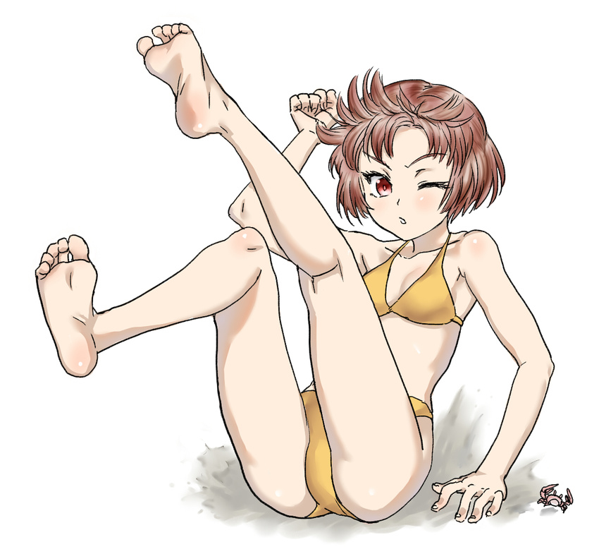 arm_support arm_up bare_shoulders barefoot bikini brown_hair collarbone crab feet female legs legs_up messy_hair open_mouth original red_eyes short_hair sitting soles solo souji_kurokawa swimsuit toes wink yellow_bikini