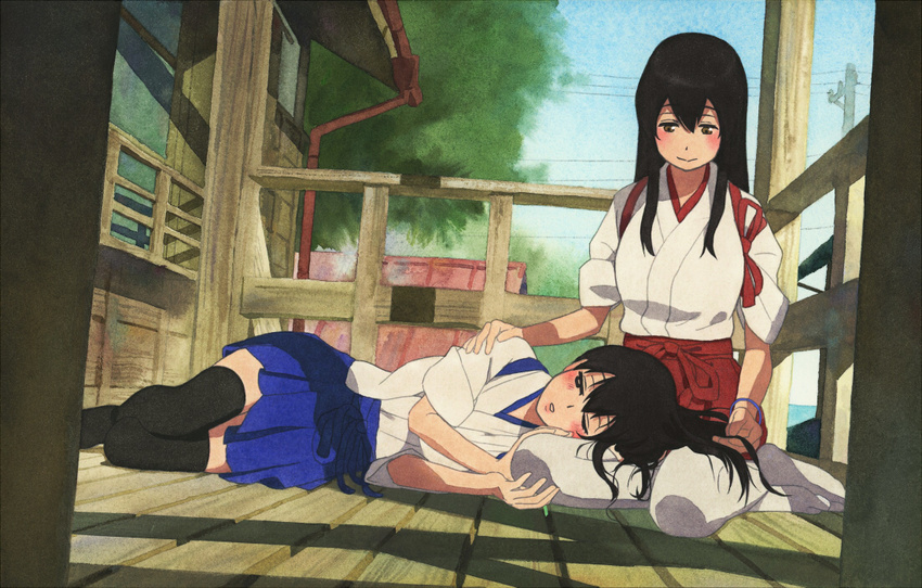 2girls akagi_(kancolle) balcony black_hair black_thighhighs blush brown_eyes commentary_request day drainpipe dutch_angle hakama hakama_short_skirt hakama_skirt japanese_clothes kaga_(kancolle) kantai_collection lap_pillow long_hair lying multiple_girls no_shoes on_floor on_side outdoors painting_(medium) power_lines railing shadow shijukara_(great_tit) side_ponytail sitting skirt sky smile tasuki thighhighs traditional_media tree utility_pole veranda watercolor_(medium) white_legwear yokozuwari zettai_ryouiki