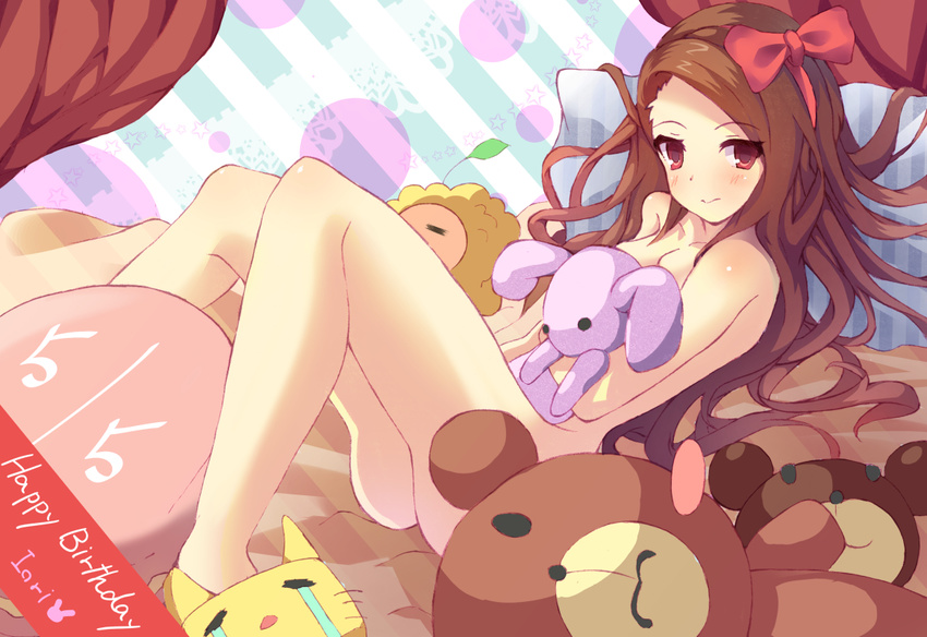 ass bed blush body_blush bow breasts brown_eyes brown_hair character_name cleavage collarbone convenient_head eyebrows female hairbow idolmaster idolmaster_(classic) long_hair minase_iori nude pillow red_bow small_breasts solo striped striped_pillow stuffed_animal stuffed_toy teddy_bear vertical-striped_pillow vertical_stripes