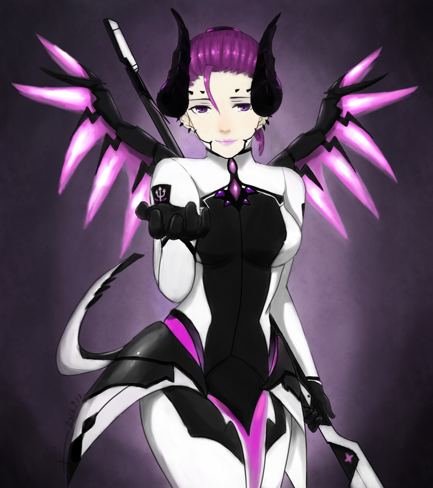 armor bia_(351401676) bodysuit breasts commentary cowboy_shot dark_persona demon_horns demon_tail ear_piercing emblem english_commentary facial_mark faulds female forehead_mark gradient_background hair_between_eyes highres holding holding_staff horns imp_mercy light_smile lipstick looking_at_viewer makeup mechanical_wings medium_breasts mercy_(overwatch) official_alternate_costume outstretched_hand overwatch overwatch_1 piercing ponytail purple_background purple_eyes purple_hair purple_lips purple_wings solo spread_wings staff tail wings