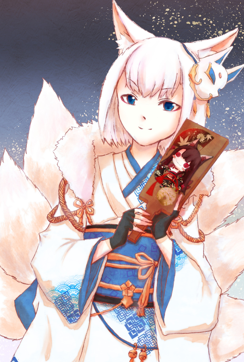 akagi_(azur_lane) akagi_(plum_and_snow)_(azur_lane) animal_ear_fluff animal_ears azur_lane black_gloves blue_eyes closed_mouth commentary_request dutch_angle female fingerless_gloves flower_knot fox_ears fox_girl fox_mask fox_tail gloves gold_trim half-closed_eyes hands_up highres holding japanese_clothes kaga_(azur_lane) kaga_(white_fox's_new_year)_(azur_lane) kimono kotono_(yufugure) light_smile long_sleeves looking_at_viewer mask multiple_tails obi official_alternate_costume sash short_hair solo split_mouth tail v-shaped_eyebrows white_hair white_kimono wide_sleeves