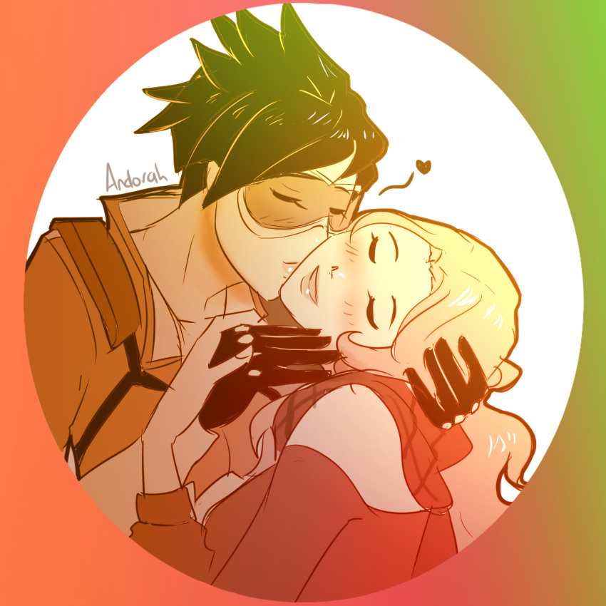 blush closed_eyes couple emily_(overwatch) goggles hair heart highres kissing long_hair overwatch scarf short simple_background spiky_hair tracer_(overwatch) watermark white_background yuri