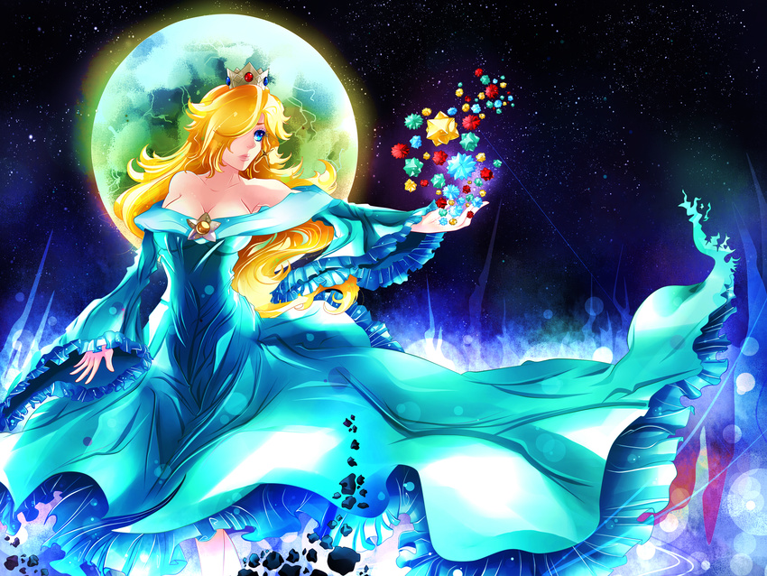 absurdres blonde_hair blue_eyes breasts cleavage commentary_request crown dress female hair_over_one_eye highres invidiata large_breasts long_dress long_hair mario_(series) rosalina solo super_mario_galaxy