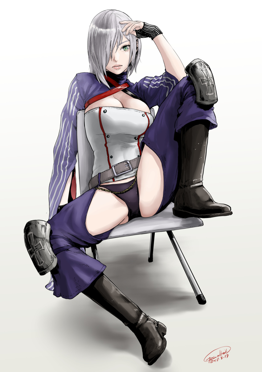 boots breasts chair cleavage commentary female fingerless_gloves gesundheit_(artist) girls'_frontline gloves green_eyes h&k_mg5 hair_over_one_eye highres knee_pads lips mg5_(girls'_frontline) signature sitting solo spread_legs weapon white_background white_hair