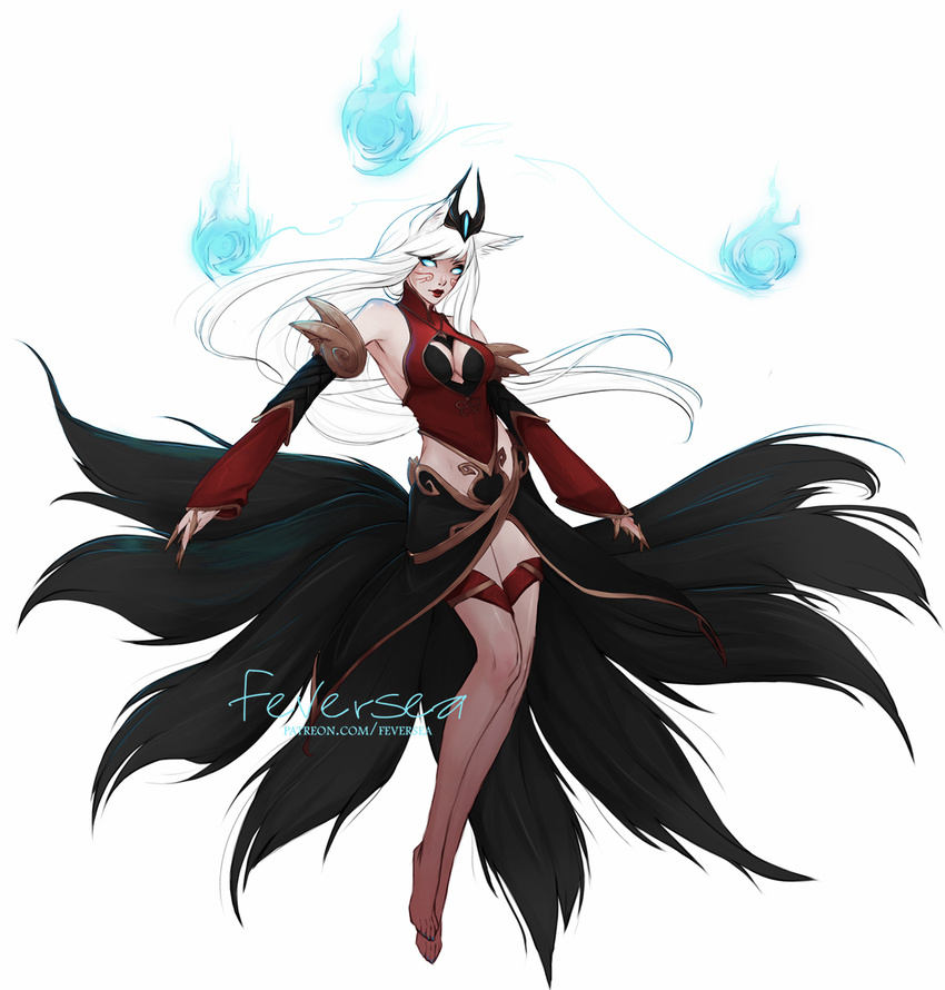 ahri_(league_of_legends) animal_ears bare_shoulders barefoot breasts cleavage cleavage_cutout clothing_cutout detached_sleeves facial_tattoo female feversea floating forehead_jewel fox_ears fox_tail full_body fusion glowing glowing_eyes hair_ornament halterneck highres hitodama korean_clothes league_of_legends lips lipstick long_hair makeup medium_breasts multiple_tails showgirl_skirt solo syndra tail tattoo thigh_strap white_hair