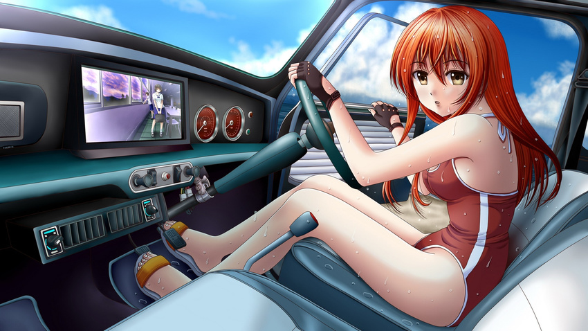 bare_shoulders breasts brown_eyes car cloud female female fingerless gloves highres ilolamai long_hair looking_at_viewer motor_vehicle original parted_lips red_hair sideboob sitting sky solo swimsuit vehicle wet