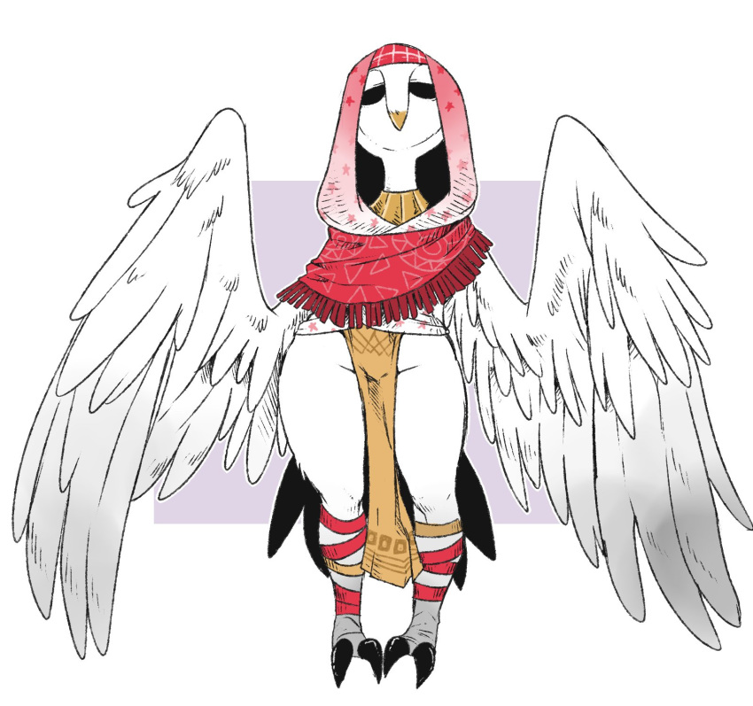 anthro avian beak bird clothed clothing empty_eyes feathers feet female front_view full-length_portrait hi_res no_underwear nuclearwasabi owl pink_clothing portrait red_clothing solo talons toes white_body white_feathers winged_arms wings wrappings