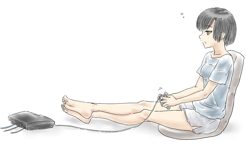 arm_support bangs barefoot black_hair blue_shirt brown_eyes cable casual controller feet female full_body grey_shorts hairclip legs original playstation_3 short_hair shorts sitting soles solo souji_kurokawa thought_bubble toes