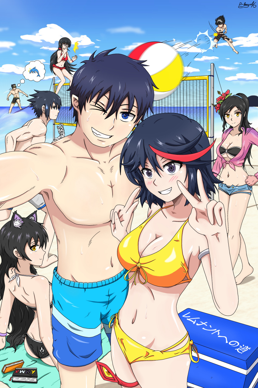 4boys 4girls absurdres akame_(akame_ga_kill!) akame_ga_kill! animal_ears ao_no_exorcist bandaged_arm bandages beach bikini black_eyes black_hair blake_belladonna blue_eyes blue_sky blush breasts cat_ears cleavage cloud commentary crossover day double_v frilled_bikini frills grey_eyes grin hiei_(yu_yu_hakusho) highres jojo_no_kimyou_na_bouken kill_la_kill kujo_jotaro long_hair looking_at_viewer matoi_ryuuko medium_breasts multicolored_hair multiple_boys multiple_girls naruto_(series) naruto_shippuuden navel ocean official_alternate_costume okumura_rin open_mouth outdoors pale_skin pointy_ears ponytail reaching reaching_towards_viewer red_eyes red_hair reyfearspsychosis rwby sand selfie senketsu_(scarf) short_hair side-tie_bikini_bottom sky smile spiked_hair stardust_crusaders streaked_hair swimsuit tales_of_(series) tales_of_berseria tattoo uchiha_sasuke v velvet_crowe velvet_crowe_(summer_swimwear) very_long_hair very_short_hair water white_bikini yellow_eyes yu_yu_hakusho