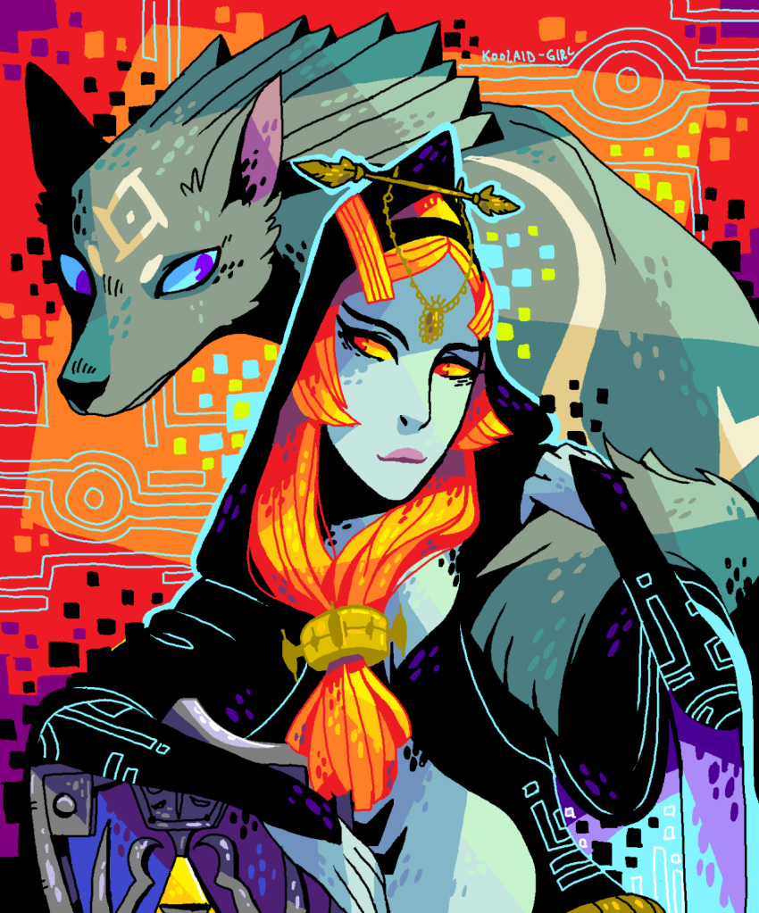 2016 abstract_background ambiguous_feral ambiguous_gender blue_eyes canid canine canis cape clothed clothing digital_media_(artwork) duo facial_markings female feral forehead_markings fur gold_(metal) gold_jewelry hair head_markings hi_res humanoid hylian_shield jewelry koolaid-girl male mammal markings microsoft_paint_(artwork) midna_(true_form) nintendo orange_hair princess royalty shield the_legend_of_zelda twili twilight_princess wolf wolf_link