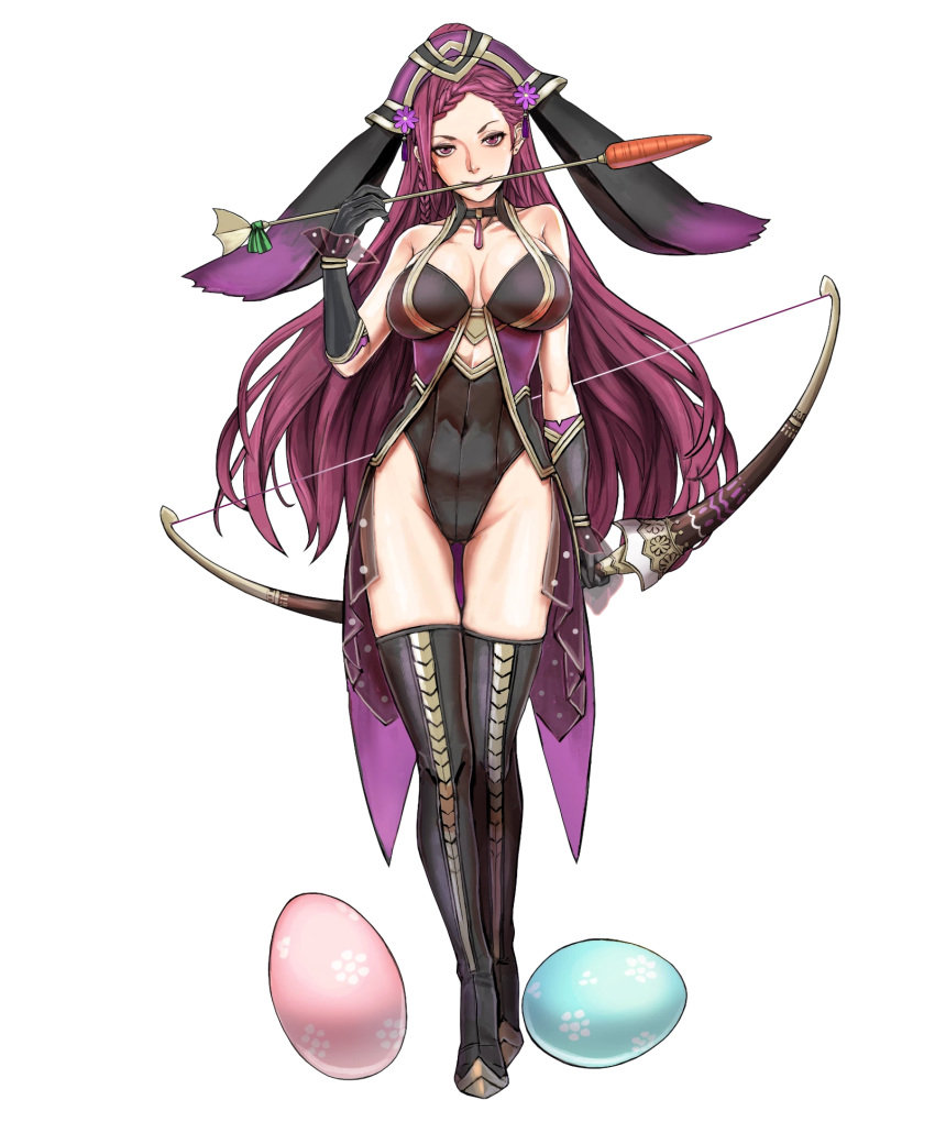 alternate_costume animal_ears arrow_(projectile) ass_visible_through_thighs bare_shoulders black_gloves black_thighhighs boots bow_(weapon) breasts cleavage collarbone covered_navel earrings egg elbow_gloves fake_animal_ears female fire_emblem fire_emblem_heroes full_body gloves hair_ornament highleg highleg_leotard highres holding holding_bow_(weapon) holding_weapon jewelry kusakihara_toshiyuki large_breasts leotard loki_(fire_emblem) loki_(spring)_(fire_emblem) long_hair looking_at_viewer official_alternate_costume official_art purple_eyes purple_hair rabbit_ears solo thigh_boots thighhighs transparent_background weapon