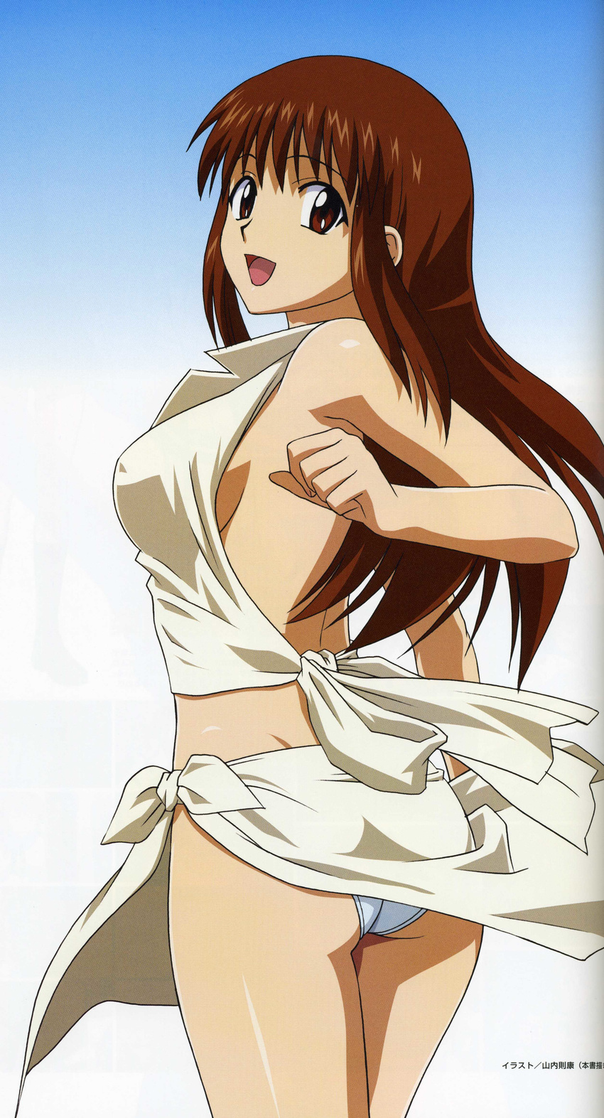 00s ass back bandai bare_legs breasts brown_eyes brown_hair doi_shizuha female female gradient gradient_background highres long_hair looking_at_viewer looking_back open_mouth panties scan shiny_skin solo stratos_4 underwear yamauchi_noriyasu